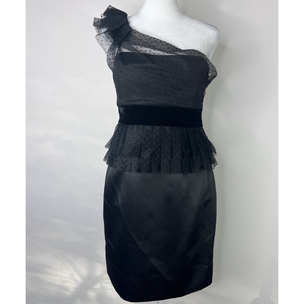 $295 PHOEBE COUTURE Black One Shoulder Asymmetrical Lace Ruffle Satin Dress Sz 0